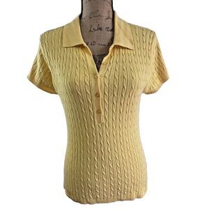 Romeo & Juliet Women's Yellow Cable Knit Short Sleeve Polo Shirt Sweater Sz L